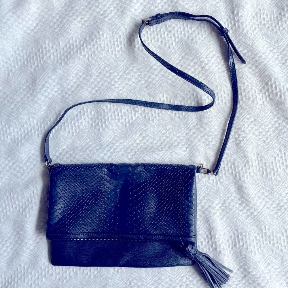 NWOT Gigi New York Rachel Convertible Clutch, Navy Blue Python Embossed Leather